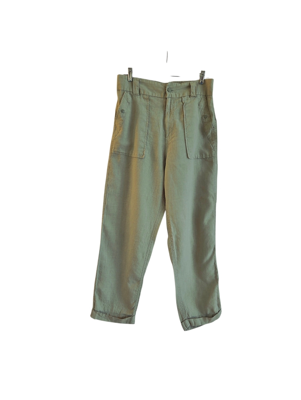 Tahari Linen Trousers Cuffed Relaxed Utility High Waisted Sage Green Size L - Picture 2 of 15